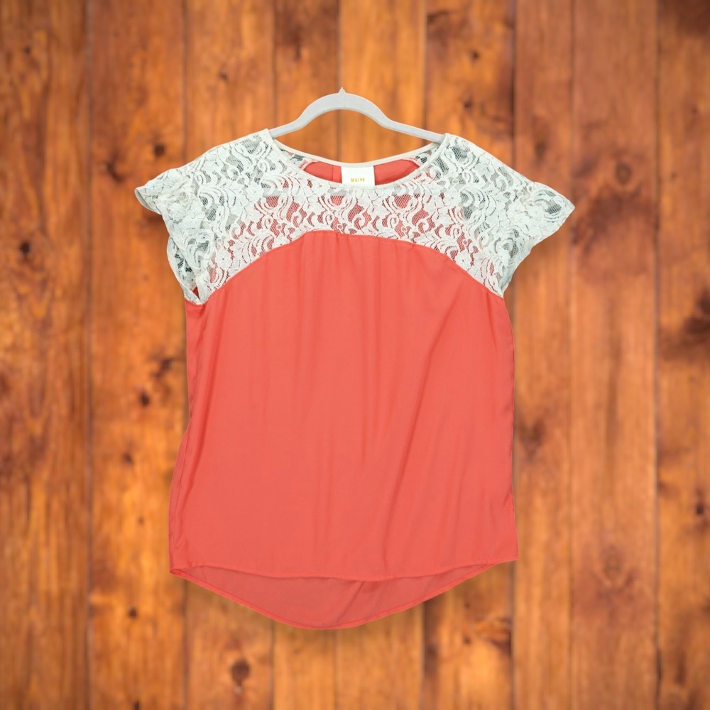 Anthropologie Maeve Blouse Women's Orange Lace Boho Short Sleeve Small‎